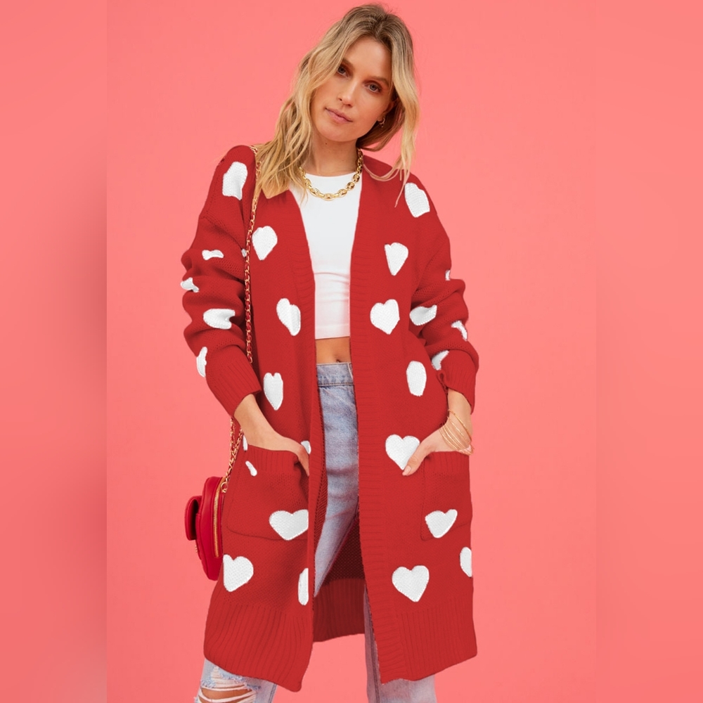 Contrasting Heart Knit Open Front Longline Pocket Sweater Cardigan Valentine - Picture 3 of 9
